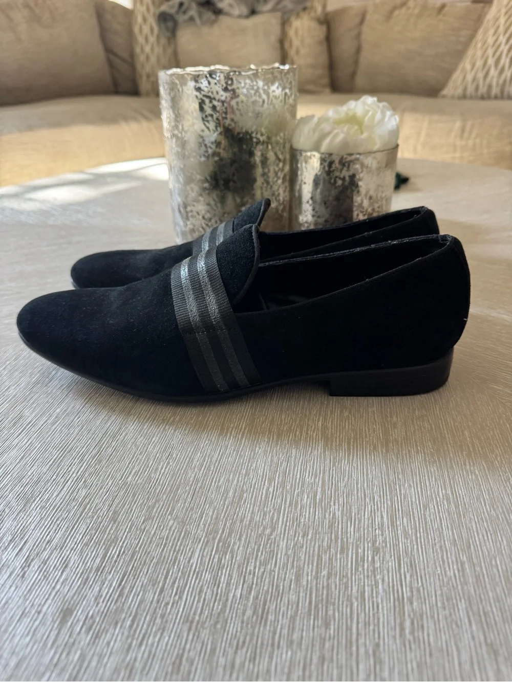 Aldo Black Suede Slip-On Loafers with Striped Band